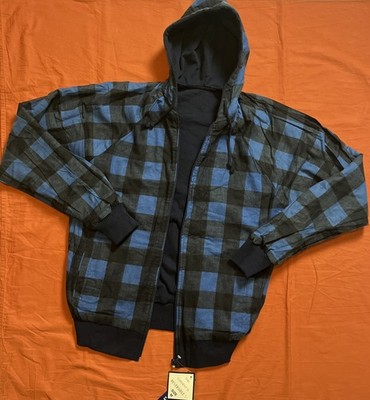 Vintage Puritan Reversible Hoodie Blue Check Plaid Navy Medium Full Zip