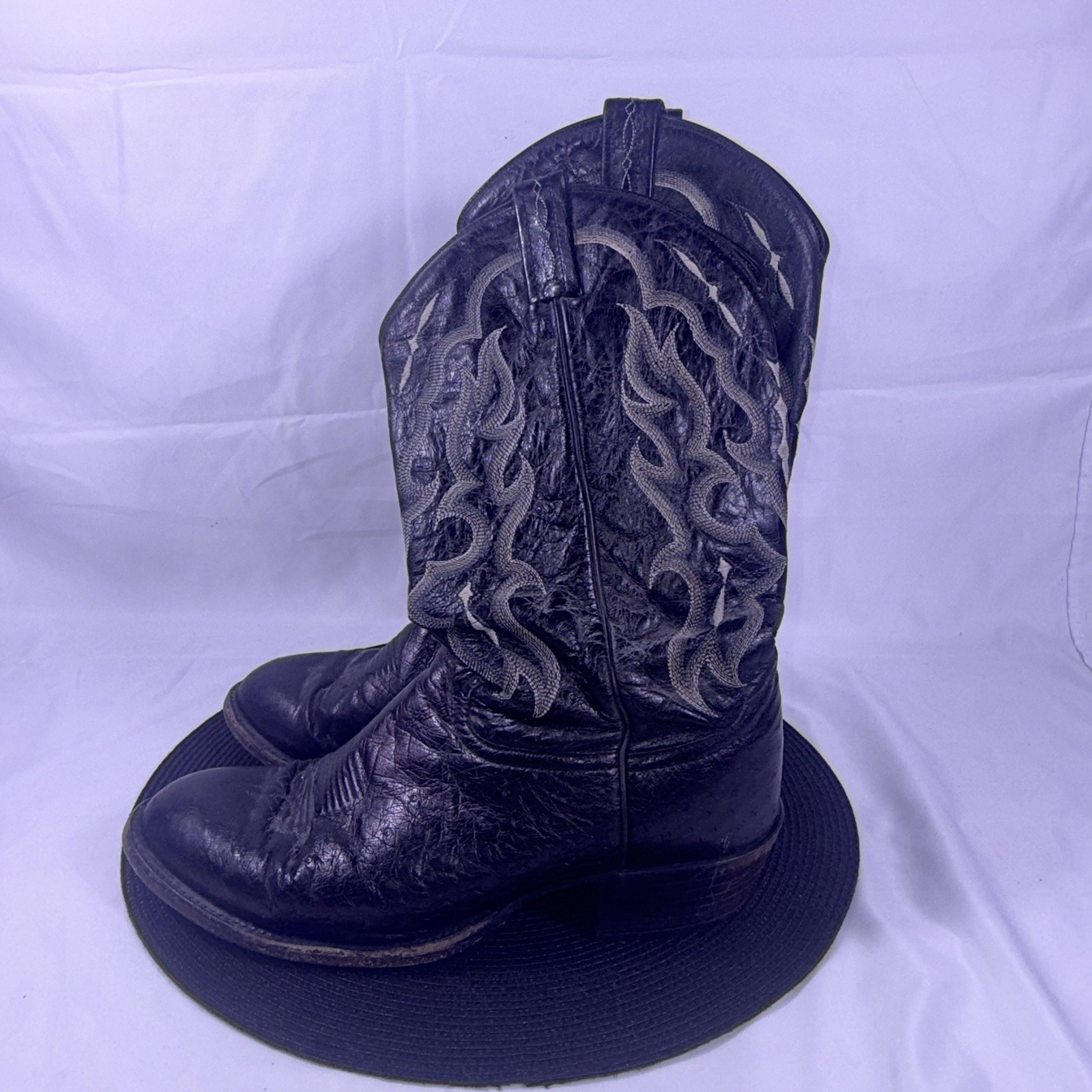 Tony Lama Black Smooth Ostrich Leather Cowboy Boots Mens Size 10 1/2 D Western