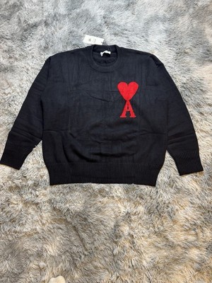 AMI Paris Red Heart Logo Sweater   Black   Size M   New with Tags