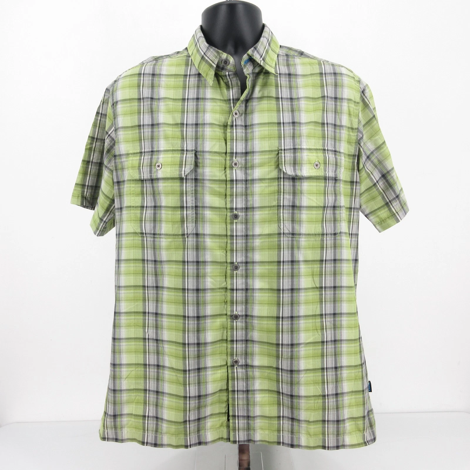 Kuhl Eluxur Shirt Mens L Green Gray Plaid Short Sleeve Button Up Pockets Hiking