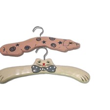 Child's Hand Painted Wooden Hangers Cat With Bow Tie And Pig With Stars Swirls