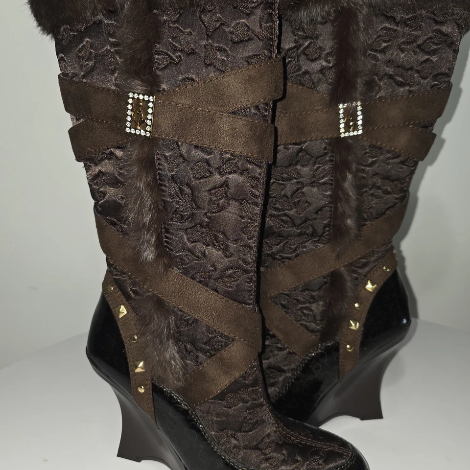 2000-х годов винтажный Y2K Baby Phat кожи / Fox меха на танкетке зимние ботинки - Изображение 3 из 4