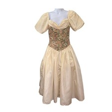 Vintage 80s Ivory Taffeta Prom Dress Floral Tapestry Corset Puff Sleeve Gown