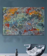 64”X44” Pollock/Richter style canvas ￼painting Acrylic,Abstract, Modern,X Large