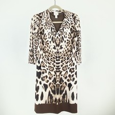 Chicos Womens 0 Bodycon Shift Dress  Leopard 3/4 Sleeve Stretch Brown Small