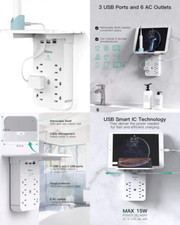 Wall Outlet Extender - Surge Protector 6 AC Outlets Multi Plug White