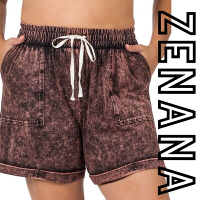 1X 2X 3X PLUS ZENANA RUST BROWN MINERAL WASH DRAWSTRING CUFFED SHORTS BHCS