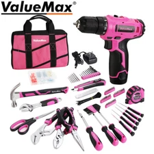 ValueMax 233PC Home Tool Kit Pink Tool Set Cordless Drill Tool w/Basic Drill Set