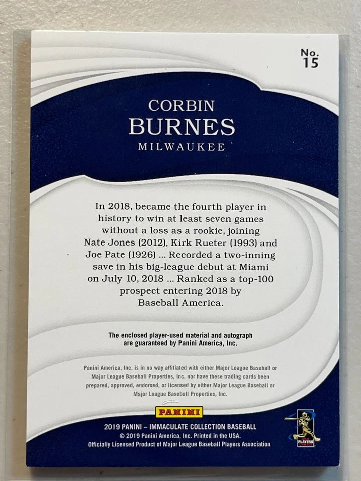 Corbin Burnes 2019 Panini Immaculate /10 Button RPA Patch Auto RC Autograph 15 - Image 2 of 2
