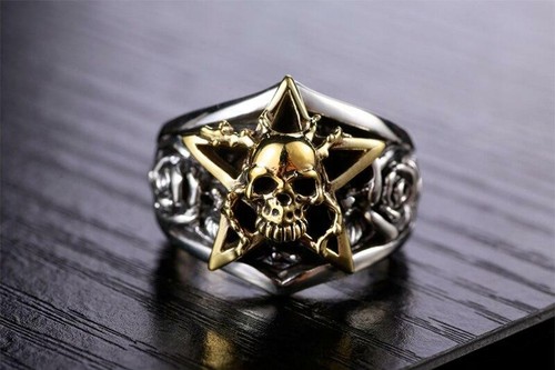 925 Solid Silver Knight Gothic Deathhead Pink Star Biker Mens Ring - Picture 5 of 9