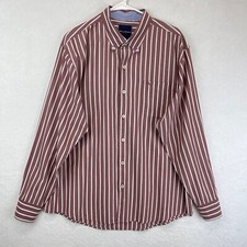 Tommy Bahama Pima Cotton Button Down Shirt Men XL Red Brown Striped Long Sleeve