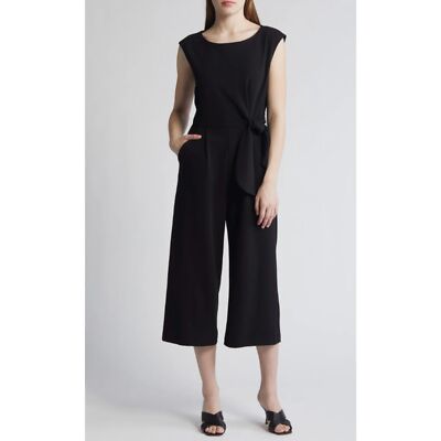 Tahari Side Tie Crop Wide Leg Jumpsuit, black, 10 Petit