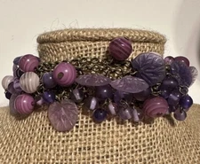 Purple Beaded Chain Mail Bracelet Charm Accent  Statement Wide