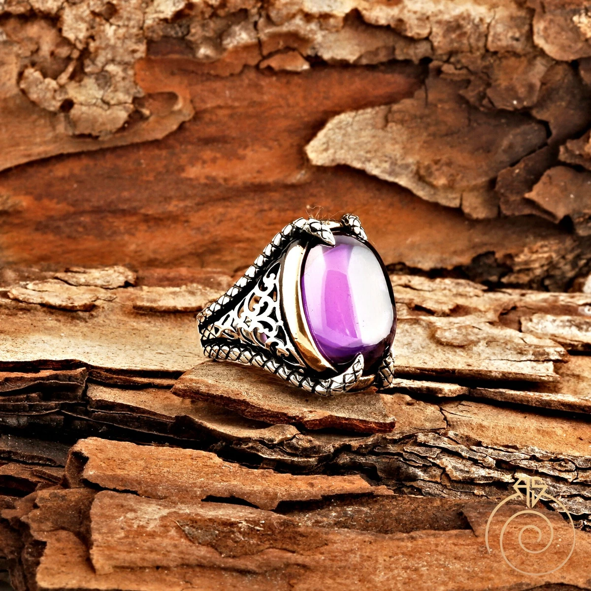 Men Purple Amethyst Stone Occult Statement Ring Vintage Claw