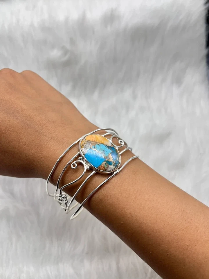 Oyster Copper Turquoise Gemstone 925 Sterling Silver Handmade Bracelet Cuff - Image 3 of 4