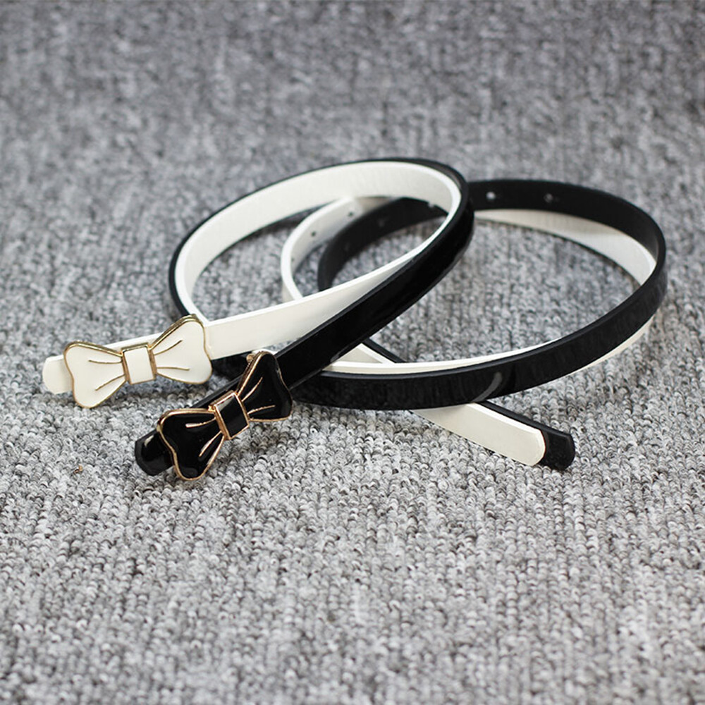 Bowknot PU Leather Thin Belt Metal Bow Buckle Waist Patent Skinny
