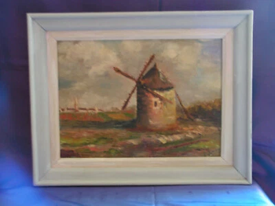 TABLEAU huile sur bois PAYSAGE AVEC MOULIN signé environ 1940 - Photo 1/2