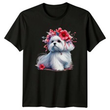 Maltese Dog With Flowers T-Shirt Cute Puppy Breed Floral Tee