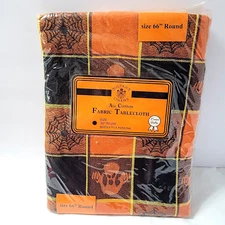 Halloween Black Orange 66" Rd Fabric Tablecloth NEW Ghosts Webs Sultan's Linens
