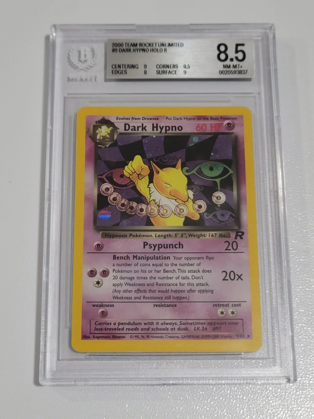 A graded Pokemon card showing its numeric grade
