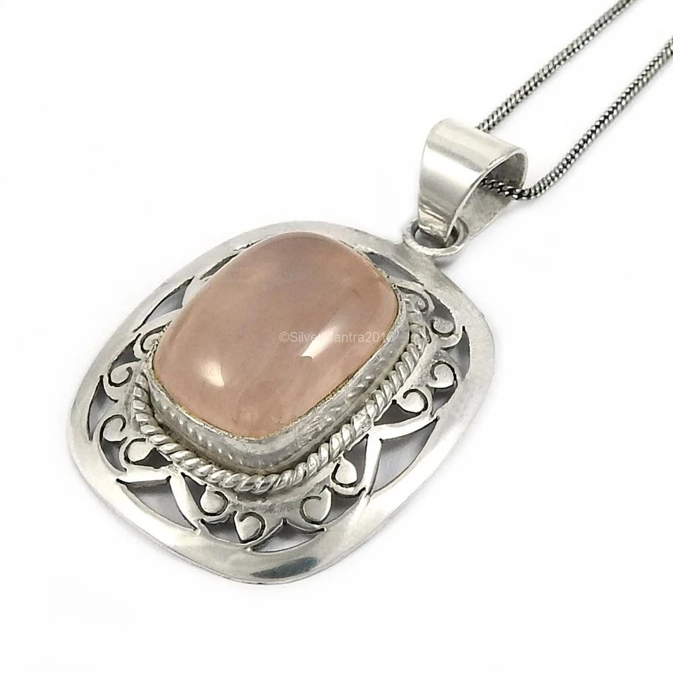 Cuore Chakra Cuscino Naturale Quarzo Rosa Argento Sterling Massiccio Bezel Nuovo - Immagine 4 di 4