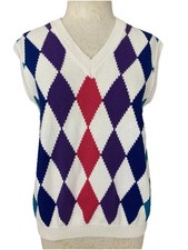 Vintage 80s 90s IZOD Preppy Pullover Knit Vest Sz S Ribbed Hem V-neck Argyle