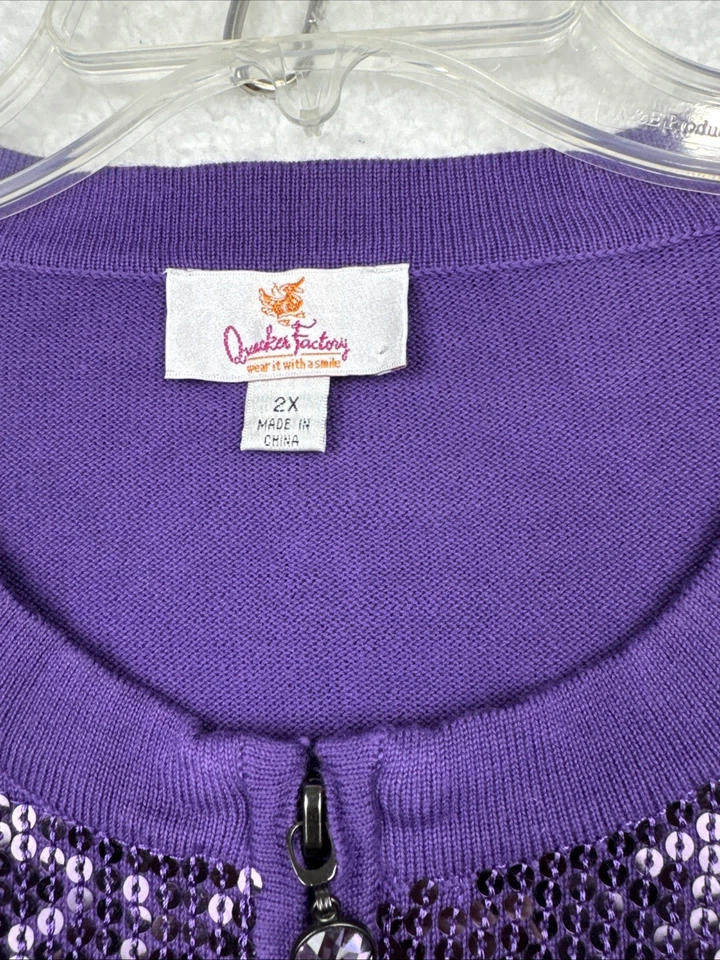 Quacker Factory Womens 2X  Purple Sequins Full Zip Stretch Knit Jacket Festival - Image 2 of 4