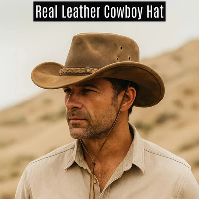 VMA TRADING LTD Real Leather Brown Cowboy Hat Men's Brown Western Hat With Adjustable Chinstrap