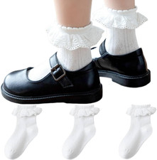 3 Pack Girls Ruffle Socks Lace Frilly Dress Cotton School Uniform Crew Socks for