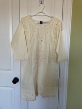 Woman cotton light Lemmon color L size kurti. Beautiful Thread and mirror work B
