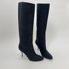 Jimmy Choo Auth Black Mavis Sparkly Crystal Glitter Leather Stiletto Boots 36 