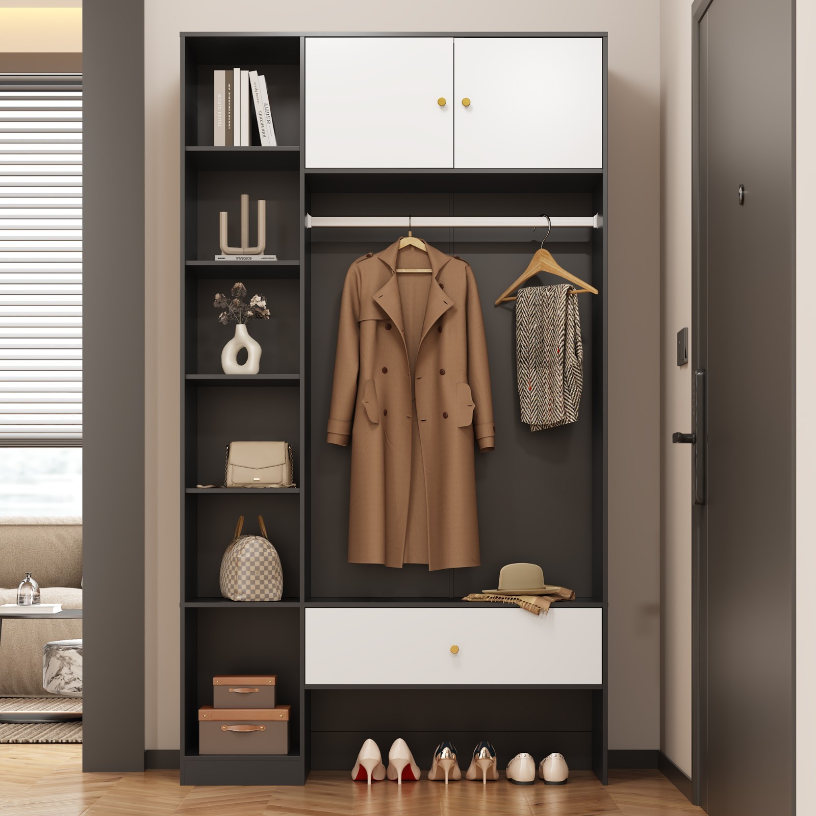 Kleiderschrank Flurgarderobe Garderobe set mit Schubladen 6 offenem Fächern 2 Tü