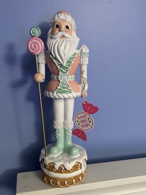 Peppermint Square Pink  Santa Nutcracker Standing on Gingerbread Cookie Statue
