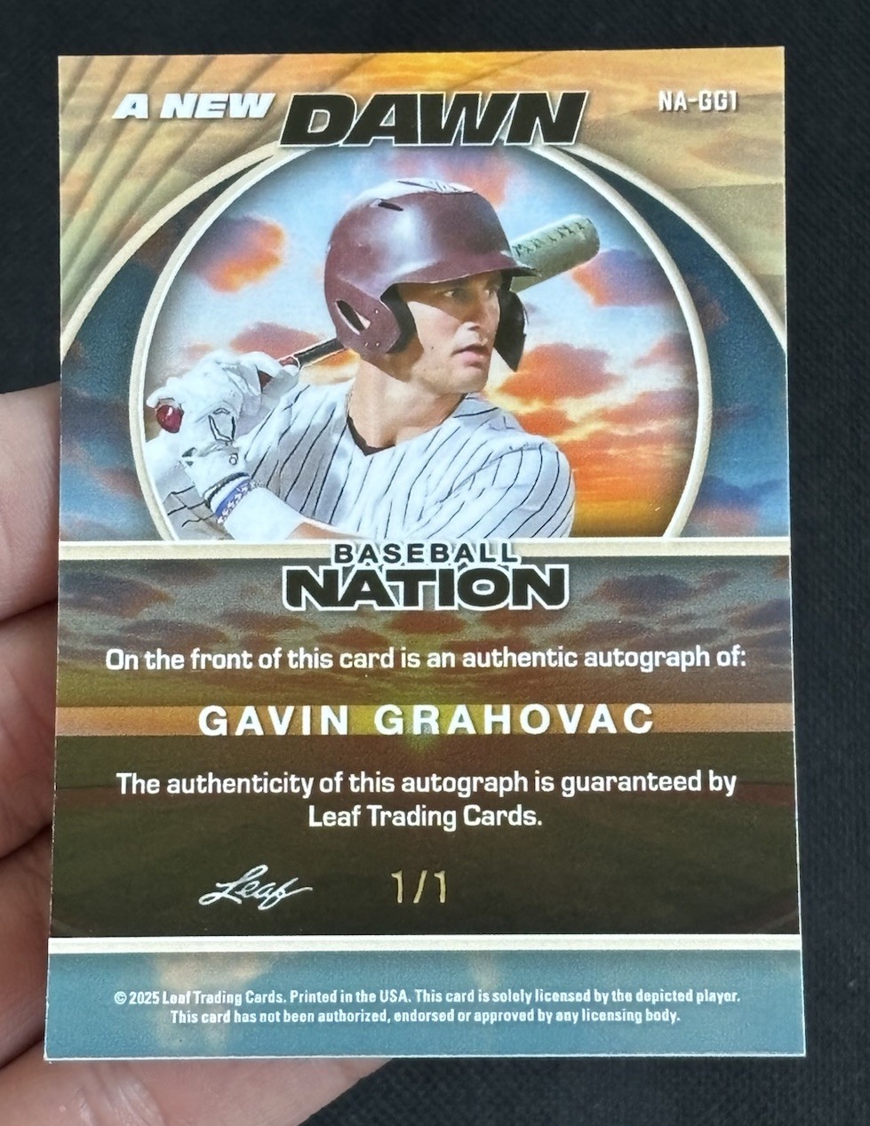 Gavin Grahovac Auto 1/1 Red Flood A New Dawn - 2025 Leaf Baseball Nation view 2