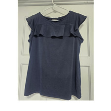 Banana Republic Navy Blue Ruffle Round Neck Sleeveless Blouse Size S