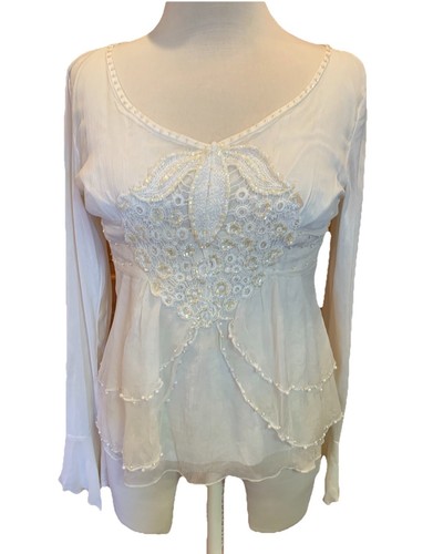 Misha USA Silk Babydoll Beaded Blouse Medium Ivory Flowy Romantic Designer Lux