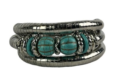 Bracelet Women's Wrap Silver Tone Slinky Style Snake with Faux Turquoise Beads