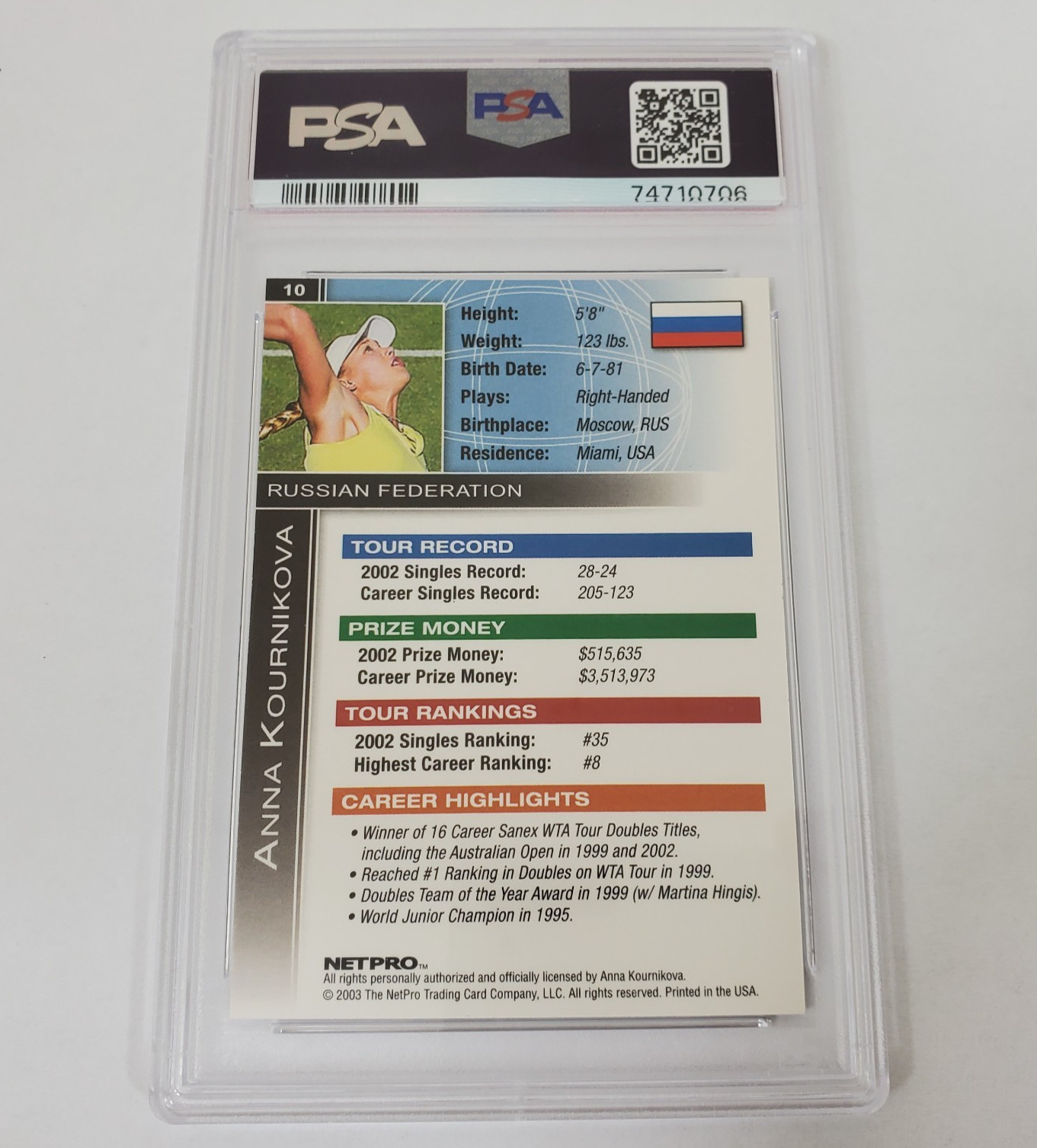 2003 Netpro Anna Kournikova International Series #10 PSA Mint 9 Tennis Card view 4
