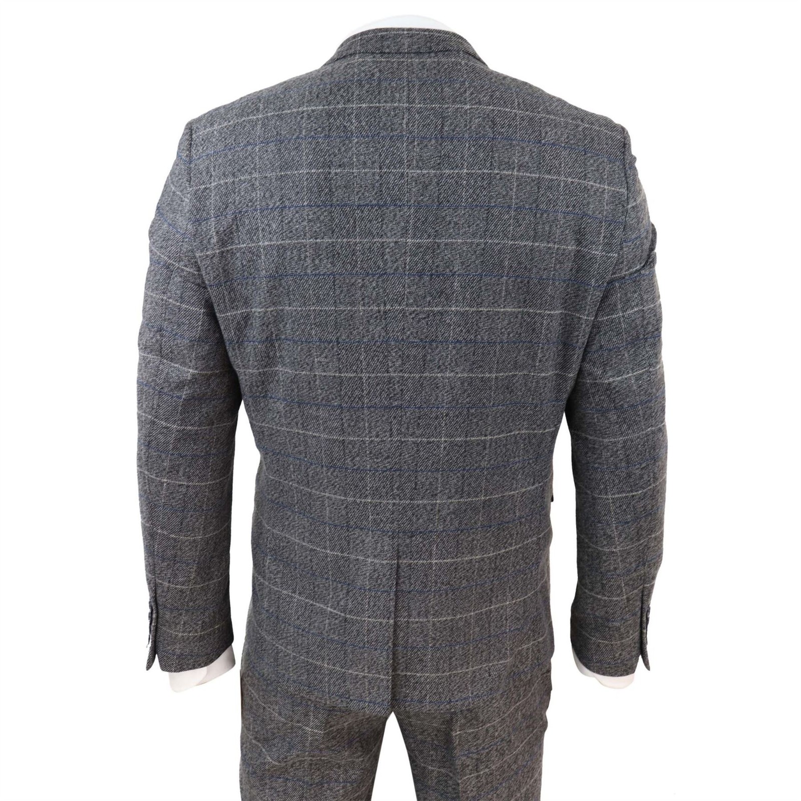 Mens Grey Check 3 Piece Suit Herringbone Tweed Vintage Tailored Fit Blue Velvet image 7