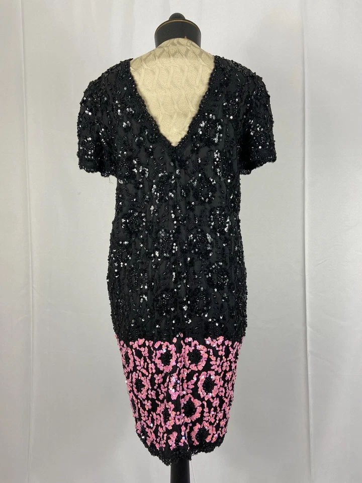 Vestido de noche BILL BLASS vintage negro con cuentas de cóctel manga corta talla 10 Foto 2 de 4