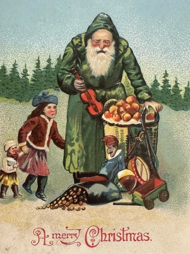 SANTA CLAUS with GREEN ROBE Embossed ANTIQUE Postcard c1910