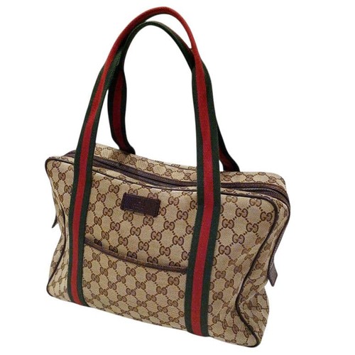 GUCCI GG Sherry Line Tote Hand Bag Ziplock Leather Canvas Brown Beige From Japan