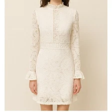 MAJE Rilene Paisley Lace Mini Dress Size 38 / M White Lace High Neck Long Sleeve