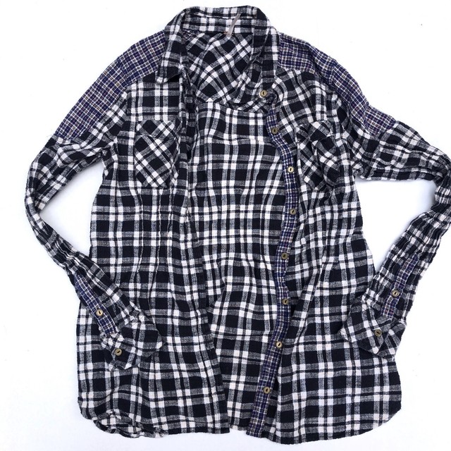 Free People Sz Small Catch Up With Me Flannel Button Front Shirt Mixed Plaid Top | eBay