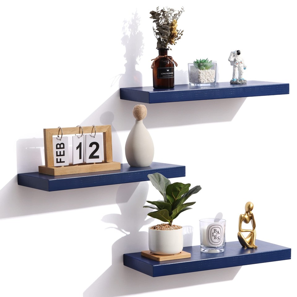 Blue Floating Shelves for Wall, Solid Wood Floating Wall Mounted