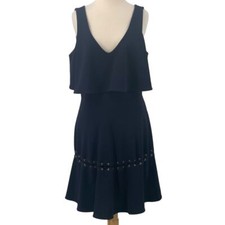 Belle Badgley Mischka Fiona Dress Navy Blue Ruffle Sleeveless V-Neck Flowy Sz 10
