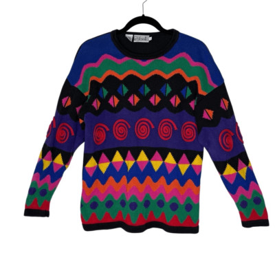 Vintage Rafaella Colorful Intarsia Knit Sweater Sz  L Artsy, Vintage