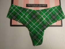 NEW VICTORIA'S SECRET PINK NO SHOW SOFT LACE THONG GREEN/WHITE/BLACK PLAID SZ L