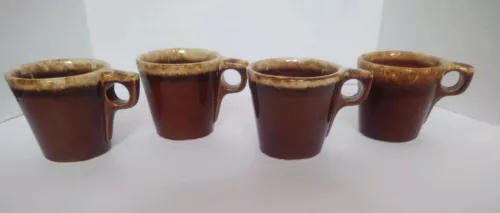 4 Hull Pottery Oven Proof USA Brown Drip Coffee/ Tea Mugs Cups 10 oz. Vintage