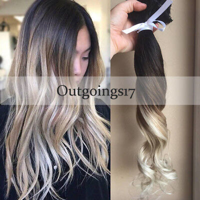 Ombre Balayage Clip In Remy Human Hair Extensions Dark Brown To Ash Blonde 7pcs Ebay